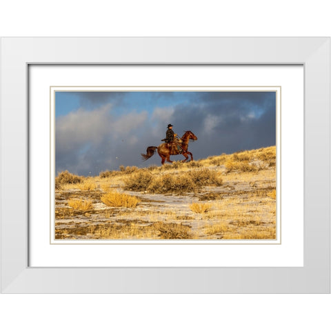 USA- Wyoming. Hideout Horse Ranch- wrangler on horseback in snow. White Modern Wood Framed Art Print with Double Matting by Looney, Hollice