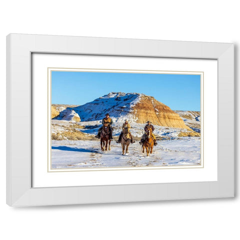 USA- Wyoming. Hideout Horse Ranch- wranglers and horses in snow. White Modern Wood Framed Art Print with Double Matting by Looney, Hollice
