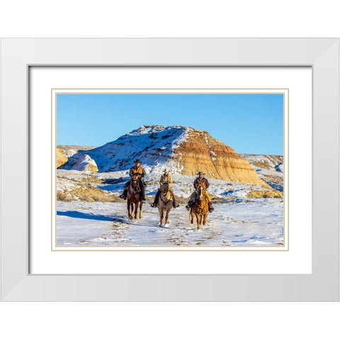 USA- Wyoming. Hideout Horse Ranch- wranglers and horses in snow. White Modern Wood Framed Art Print with Double Matting by Looney, Hollice