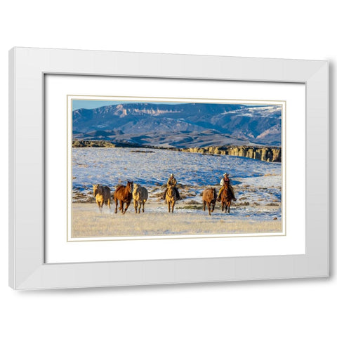 USA- Wyoming. Hideout Horse Ranch- wranglers and horses. White Modern Wood Framed Art Print with Double Matting by Looney, Hollice