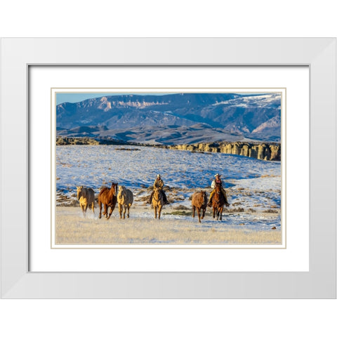 USA- Wyoming. Hideout Horse Ranch- wranglers and horses. White Modern Wood Framed Art Print with Double Matting by Looney, Hollice