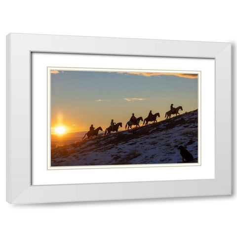 USA- Wyoming. Hideout Horse Ranch- wranglers on horseback in snow at sunset. White Modern Wood Framed Art Print with Double Matting by Looney, Hollice