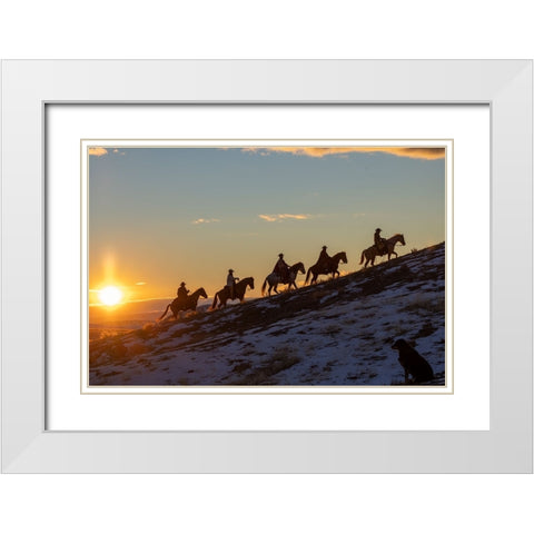 USA- Wyoming. Hideout Horse Ranch- wranglers on horseback in snow at sunset. White Modern Wood Framed Art Print with Double Matting by Looney, Hollice