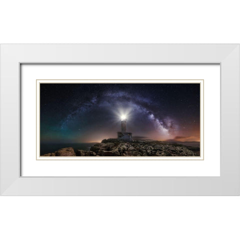 Lighthouse And Milky Way White Modern Wood Framed Art Print with Double Matting by F. Turienzo, Carlos