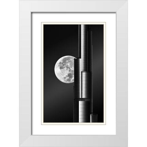 Super Moon Burjkhalifa White Modern Wood Framed Art Print with Double Matting by Anjum, Zohaib