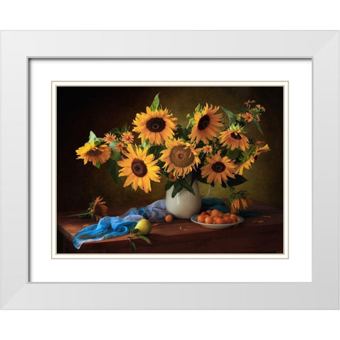 Still Life With Sunflowers And Yellow Plums White Modern Wood Framed Art Print with Double Matting by Skorokhod, Tatyana