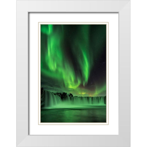 Northern Light On Godafoss White Modern Wood Framed Art Print with Double Matting by Zhu, Hua