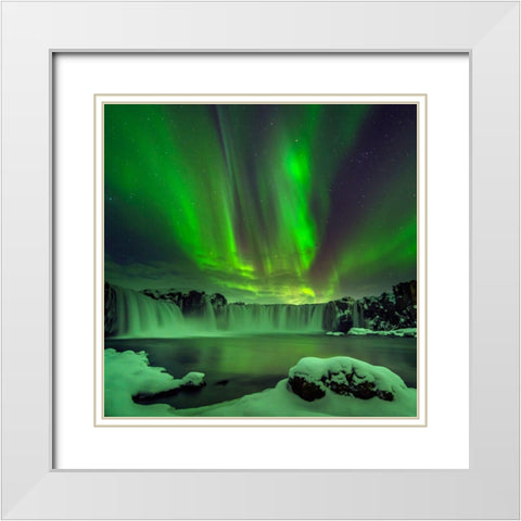 Northern Light Over Godafoss White Modern Wood Framed Art Print with Double Matting by Zhu, Hua