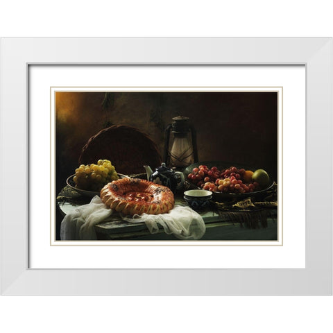 Stilllife  With Cake And Grapes White Modern Wood Framed Art Print with Double Matting by Ustinagreen