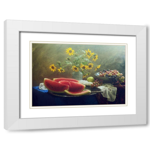 Still Life With Watermelon And Grapes White Modern Wood Framed Art Print with Double Matting by Ustinagreen