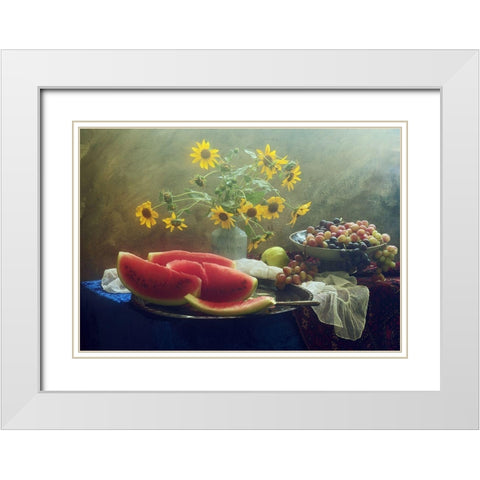 Still Life With Watermelon And Grapes White Modern Wood Framed Art Print with Double Matting by Ustinagreen