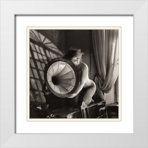 Girl With A Gramophone White Modern Wood Framed Art Print with Double Matting by Kapsha, Eduards