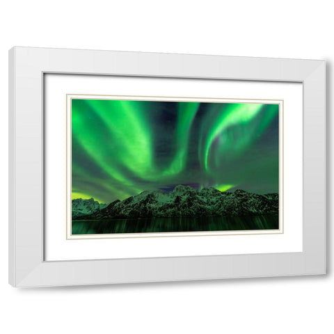 Lofoten Aurora Mountains White Modern Wood Framed Art Print with Double Matting by Alicke, Bjoern