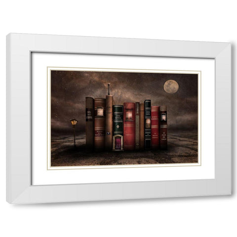 Night Library White Modern Wood Framed Art Print with Double Matting by Vekemans, Muriel