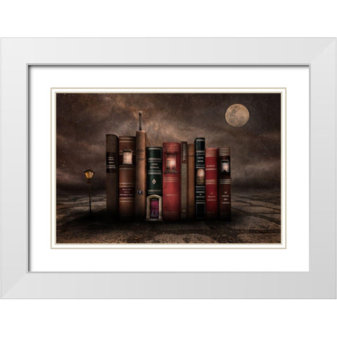 Night Library White Modern Wood Framed Art Print with Double Matting by Vekemans, Muriel