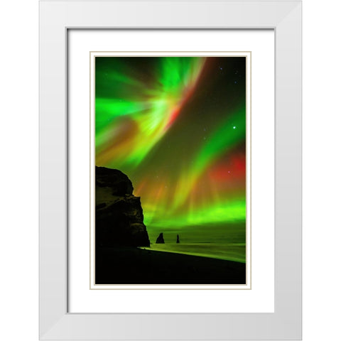 The Northern Lights Are Reflecting In The Ocean White Modern Wood Framed Art Print with Double Matting by Simon, Petr