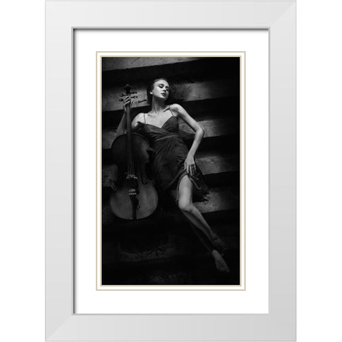 The Cellist White Modern Wood Framed Art Print with Double Matting by Kisworo, Sebastian