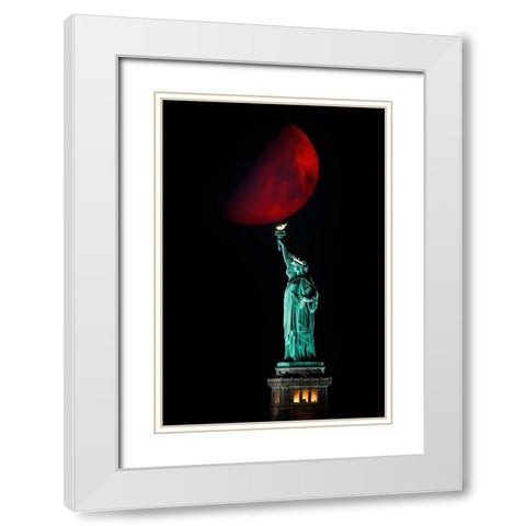Statue Of Liberty And Moonset White Modern Wood Framed Art Print with Double Matting by Zhu, Hua