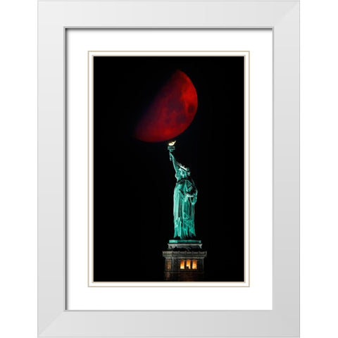 Statue Of Liberty And Moonset White Modern Wood Framed Art Print with Double Matting by Zhu, Hua