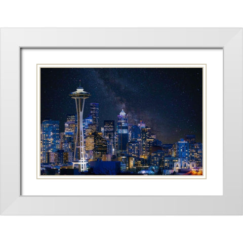 Night At Seattle White Modern Wood Framed Art Print with Double Matting by Gao, Danny