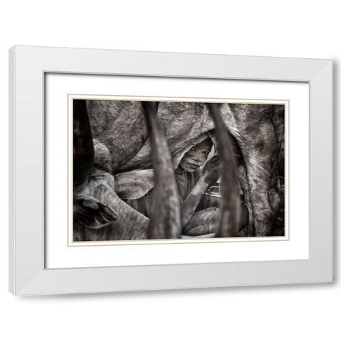 Mundari Child Milking A Cow-II - South Sudan White Modern Wood Framed Art Print with Double Matting by Inazio Kuesta, Joxe
