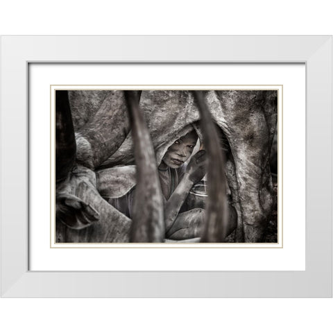Mundari Child Milking A Cow-II - South Sudan White Modern Wood Framed Art Print with Double Matting by Inazio Kuesta, Joxe