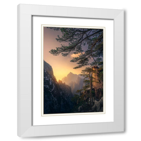 Yellow Mountain Sunset White Modern Wood Framed Art Print with Double Matting by Ye, Ningyun