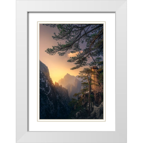 Yellow Mountain Sunset White Modern Wood Framed Art Print with Double Matting by Ye, Ningyun