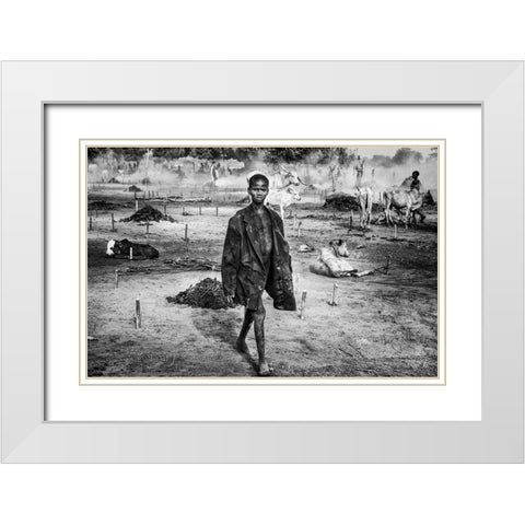 A Scene Of Life In A Mundari Cattle Camp - South Sudan White Modern Wood Framed Art Print with Double Matting by Inazio Kuesta, Joxe