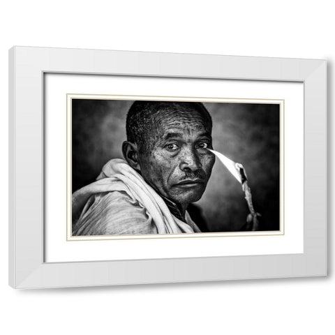 Ethiopian Man Holding A Lit Candle In A Religious Ceremony. White Modern Wood Framed Art Print with Double Matting by Inazio Kuesta, Joxe