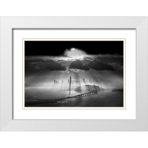 Sunbeams Over The Bridge White Modern Wood Framed Art Print with Double Matting by Huang, Lily