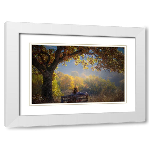 Woman Sitting On A Bench Under A Tree And Facing A Yellow Autumn White Modern Wood Framed Art Print with Double Matting by Oprea, Vio