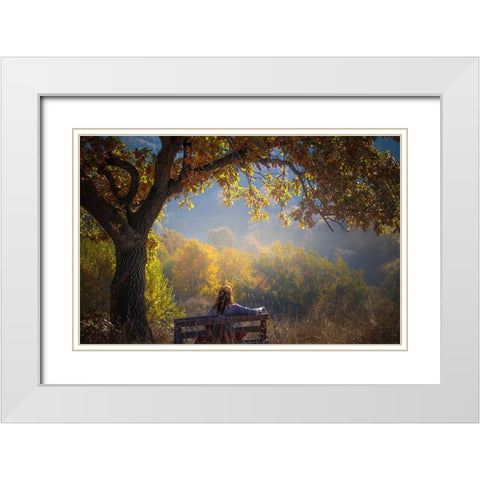 Woman Sitting On A Bench Under A Tree And Facing A Yellow Autumn White Modern Wood Framed Art Print with Double Matting by Oprea, Vio
