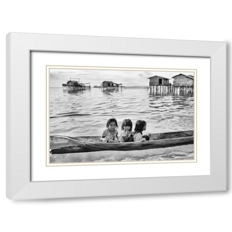 Three Girls In A Canoe White Modern Wood Framed Art Print with Double Matting by Long, Kieron