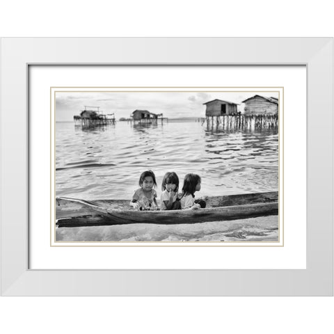 Three Girls In A Canoe White Modern Wood Framed Art Print with Double Matting by Long, Kieron