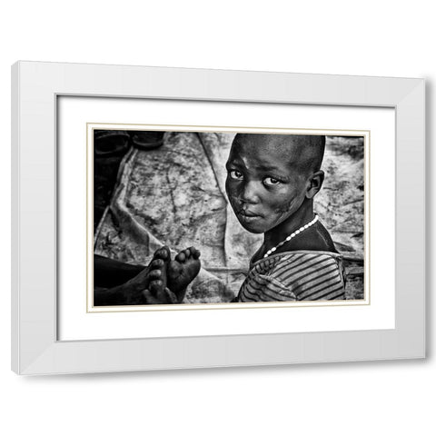 Larim Tribe Girl Massaging Feet - South Sudan White Modern Wood Framed Art Print with Double Matting by Inazio Kuesta, Joxe