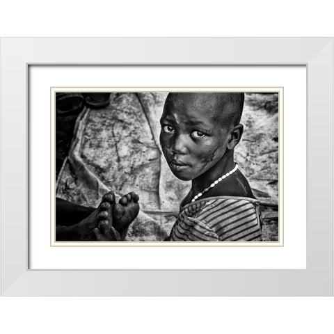 Larim Tribe Girl Massaging Feet - South Sudan White Modern Wood Framed Art Print with Double Matting by Inazio Kuesta, Joxe