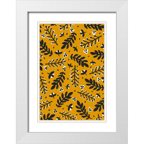 Branches And Berries (Yellow) White Modern Wood Framed Art Print with Double Matting by Treechild