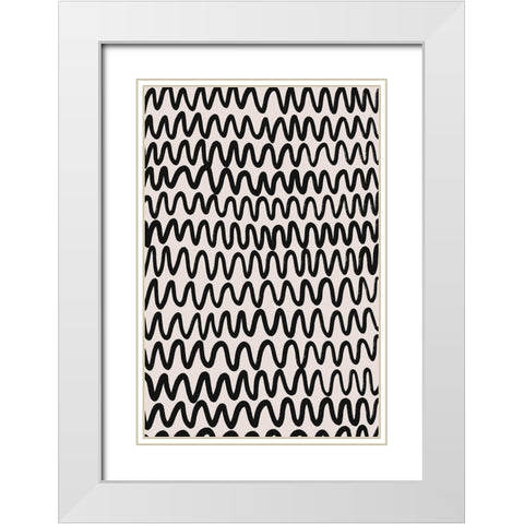 Thin Black Waves Pattern White Modern Wood Framed Art Print with Double Matting by Treechild