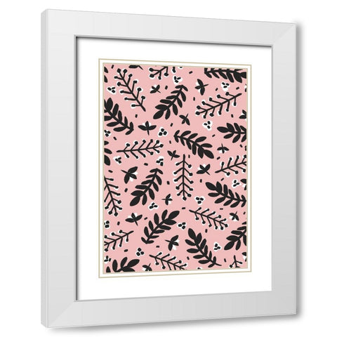 Branches And Berries (Pink) White Modern Wood Framed Art Print with Double Matting by Treechild