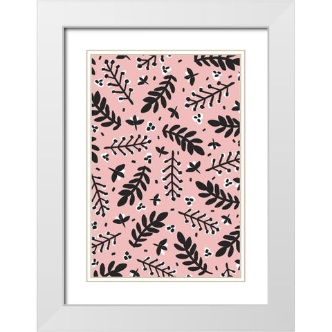 Branches And Berries (Pink) White Modern Wood Framed Art Print with Double Matting by Treechild
