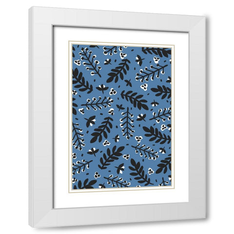 Branches And Berries (Blue) White Modern Wood Framed Art Print with Double Matting by Treechild