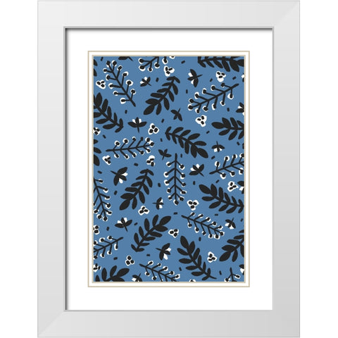 Branches And Berries (Blue) White Modern Wood Framed Art Print with Double Matting by Treechild