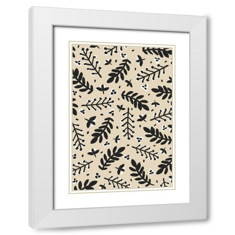 Banches And Berries (Beige) White Modern Wood Framed Art Print with Double Matting by Treechild