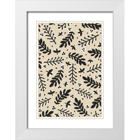 Banches And Berries (Beige) White Modern Wood Framed Art Print with Double Matting by Treechild