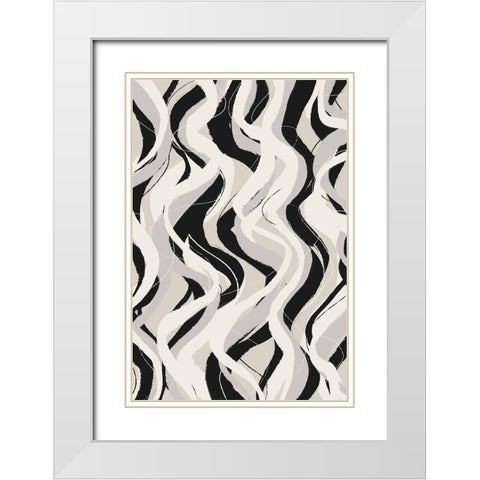 Beige Grey Black Waves Pattern White Modern Wood Framed Art Print with Double Matting by Treechild