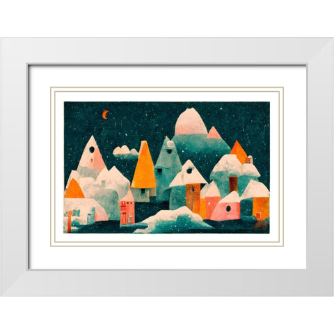 Little Village With Moon White Modern Wood Framed Art Print with Double Matting by Treechild