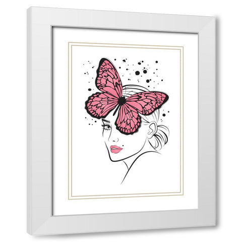 Butterfly Girl Pink White Modern Wood Framed Art Print with Double Matting by Martina