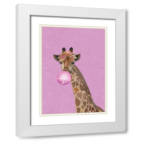Pink giraffe bubble gum White Modern Wood Framed Art Print with Double Matting by Manovski, Sarah