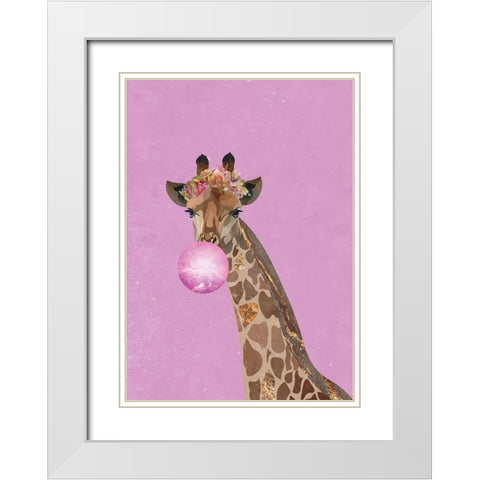 Pink giraffe bubble gum White Modern Wood Framed Art Print with Double Matting by Manovski, Sarah